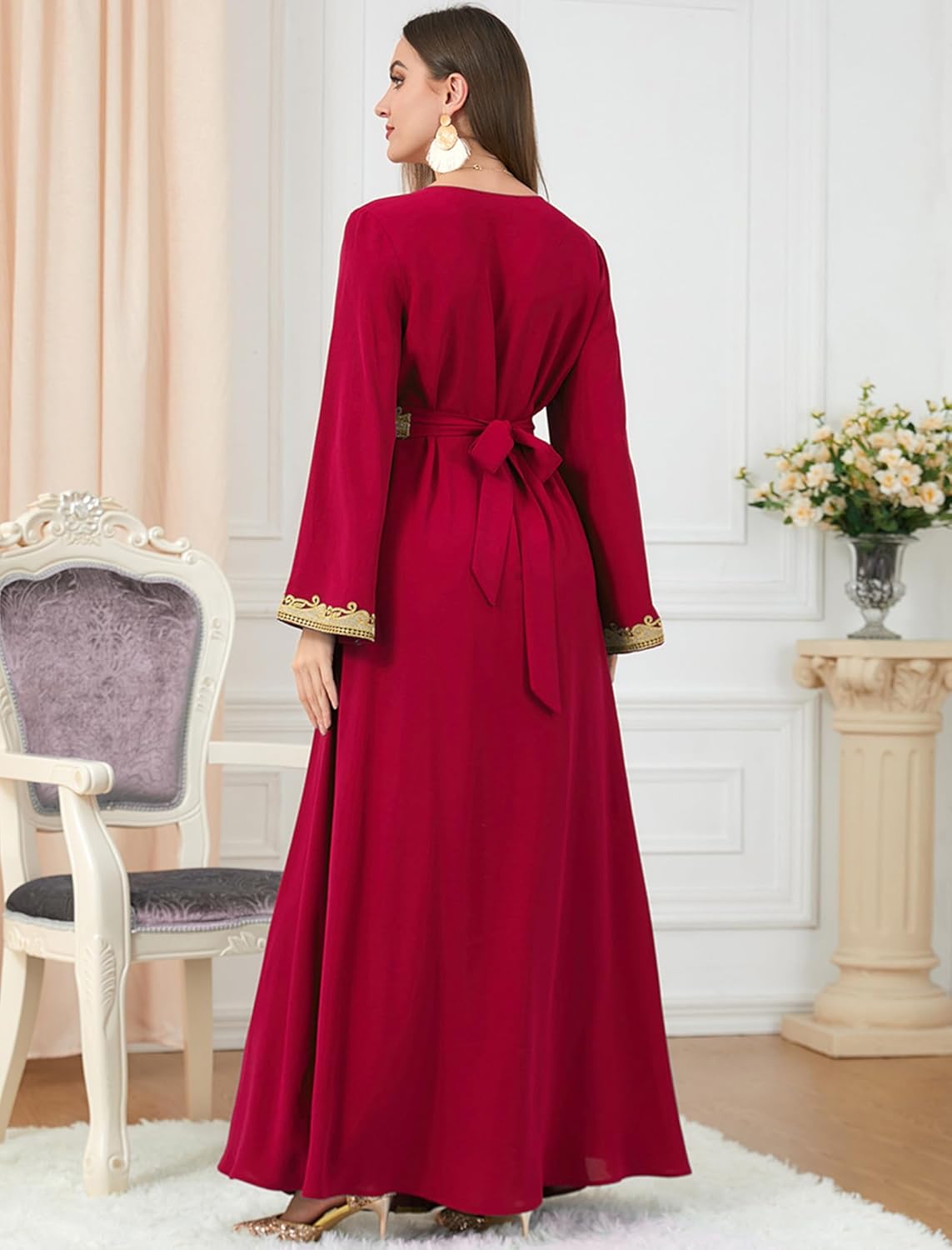 Muslim Kaftan Abaya Moroccan Long Sleeve Dress for Eid Ramadan V Neck Lace Belted Dress Kaftan Dubai Islamic Dress