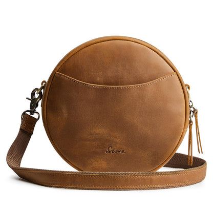 S-ZONE Leather Crossbody Bags for Women Circle Shoulder Round Purse Travel | Top Grain Leather, Keychain, Designer Handbag, Vintage, Multi Pockets, Detachable Strap, Eveyday Outing