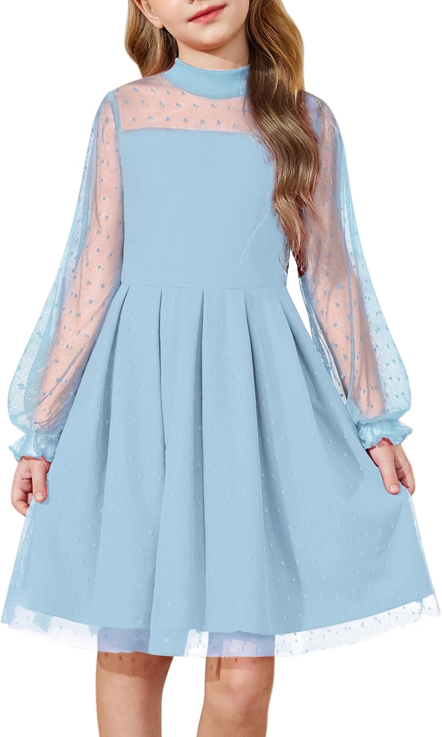 Arshiner Girls Dresses Contrast Mesh Puff Long Sleeve Mock Neck Formal Party A Line Short Tulle Dress
