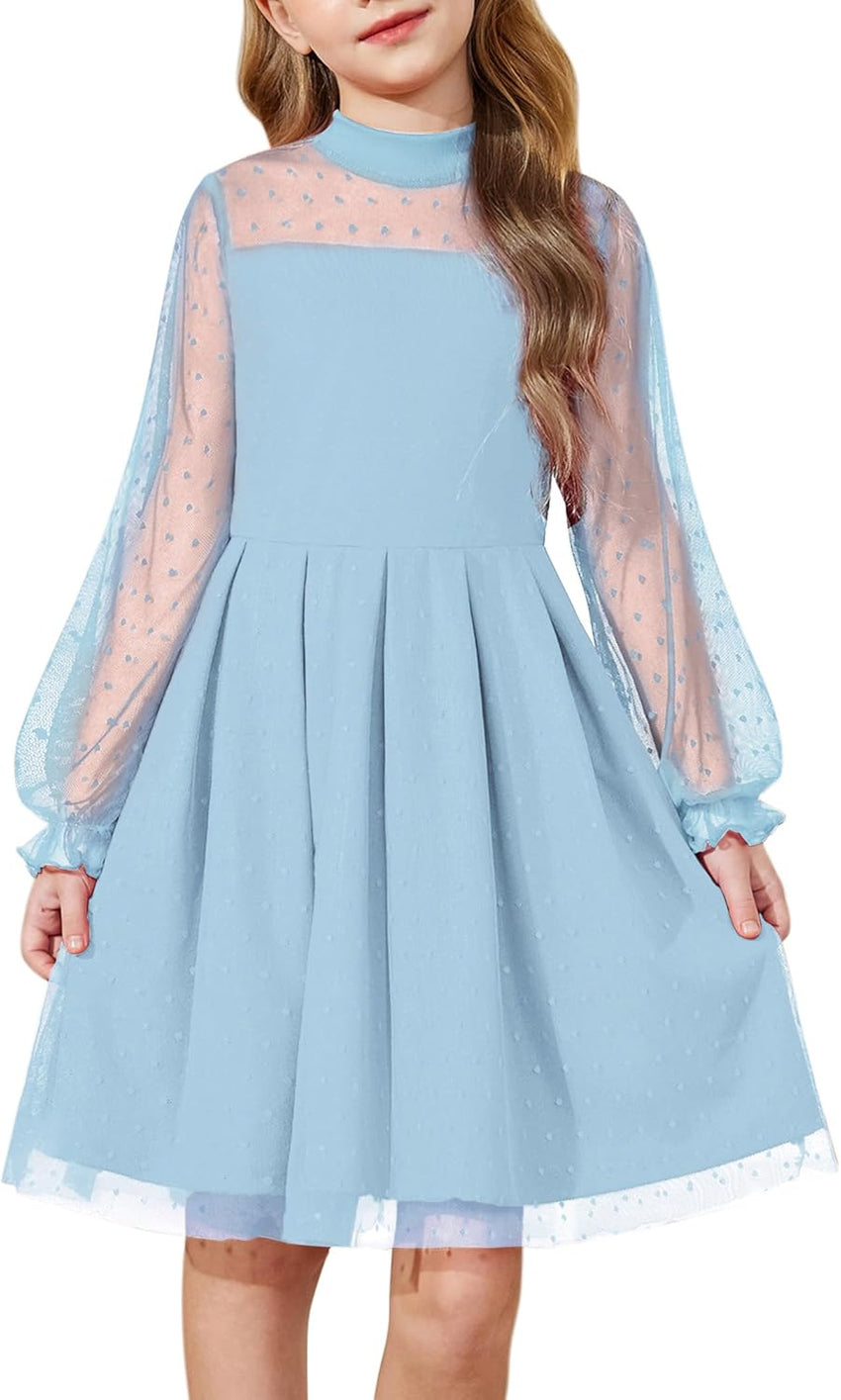 Arshiner Girls Dresses Contrast Mesh Puff Long Sleeve Mock Neck Formal Party A Line Short Tulle Dress