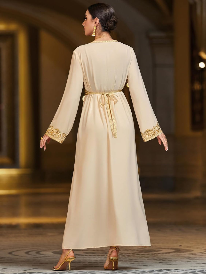 Lace Trim V-Neck Kaftan Dress, Long Sleeve Maxi Dress with Belt, Gold Embroidery Women's Evening Gown