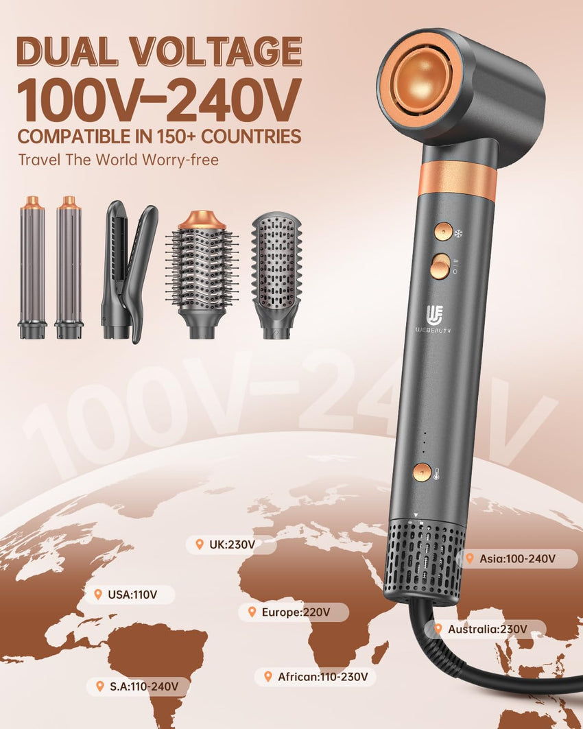 Hair Dryer Brush Air Styler: Dual Voltage 7 in 1 Ionic Multi Styling Tools with Hot Air Straightener, Auto Wrap Curlers, Frizz-Free Volumizer, Fast Blow Drying Curling Straightening and Smoothing