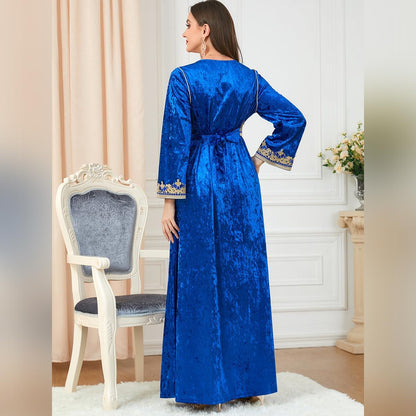 IDOPIP Muslim Women Velvet Dress Embroidery Abayas Long Sleeve V-Neck Moroccan Maxi Kaftan Dubai Robe Arabic Islamic Clothing