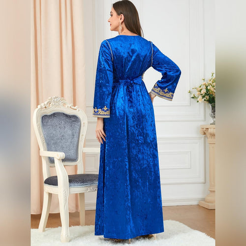 IDOPIP Muslim Women Velvet Dress Embroidery Abayas Long Sleeve V-Neck Moroccan Maxi Kaftan Dubai Robe Arabic Islamic Clothing