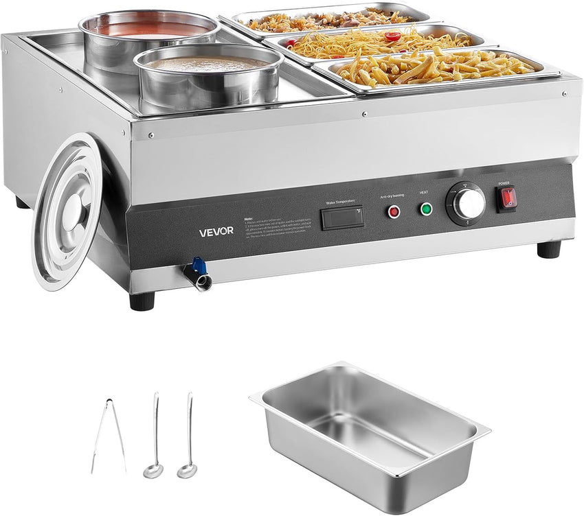 VEVOR Electric Soup Warmer, Dual 7.4QT Stainless Steel Round Pot 86~185°F Adjustable Temp, 1200W Commercial Bain Marie with Anti-Dry Burn and Reset Button, Soup Station for Restaurant, Buffet, Silver