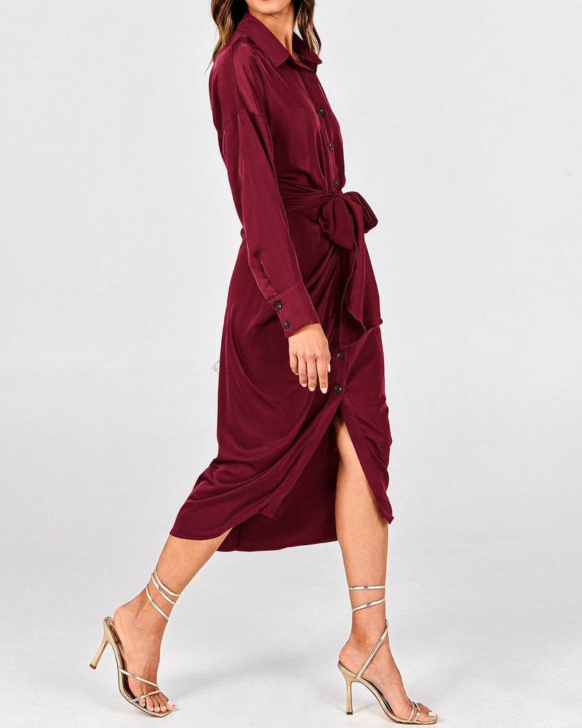 BTFBM Summer Dresses for Women 2025 Long Sleeve Lapel V Neck Button Down Elegant Belted Ruched Satin Shirt Fall Dress