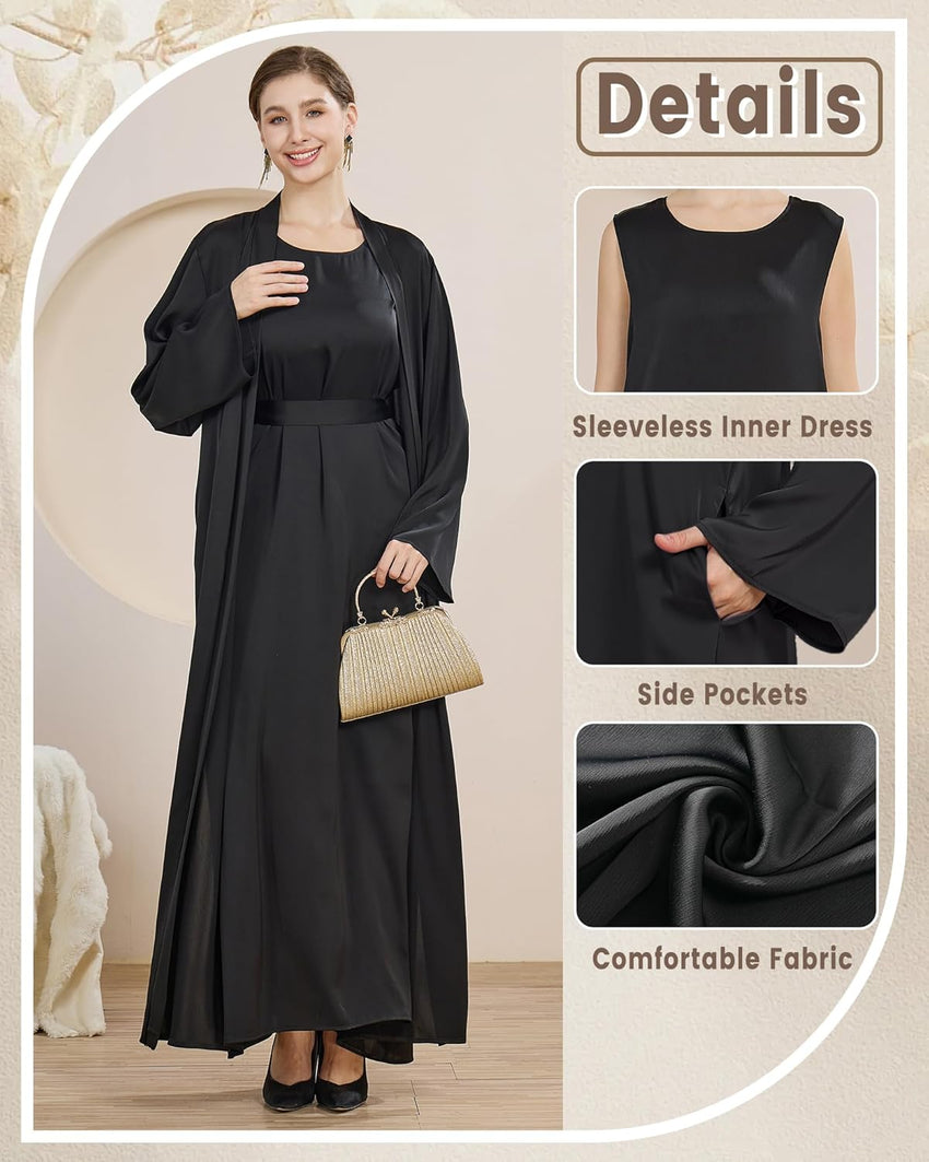 2PCS Muslim Abaya Women Islamic Dress with Belted Prayer Covered Eid Clothes