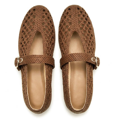 Woven Ballet Flats Women Mesh Raffia Flats Round Toe Mary Janes Comfortable Ballerina Flat Shoes