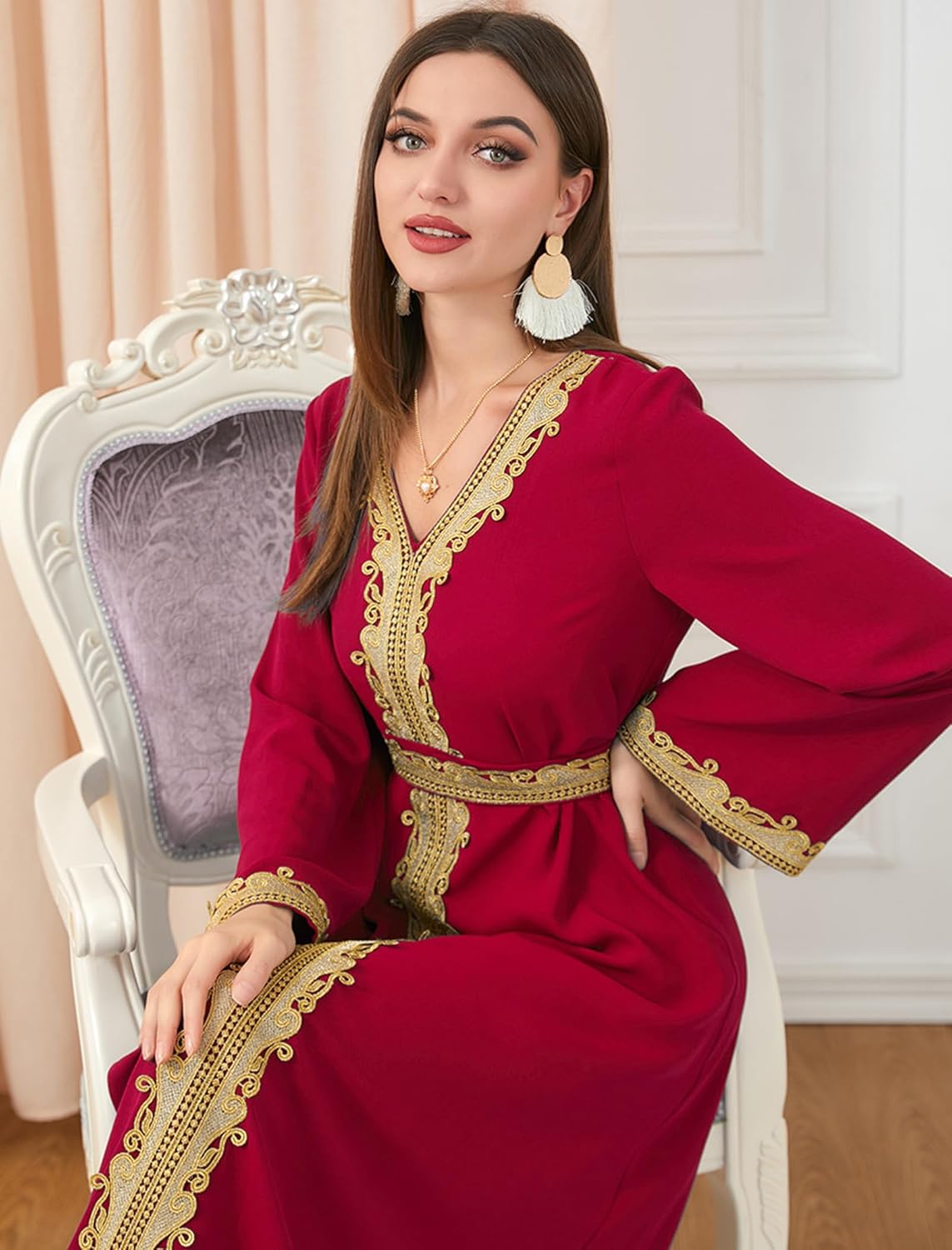 Muslim Kaftan Abaya Moroccan Long Sleeve Dress for Eid Ramadan V Neck Lace Belted Dress Kaftan Dubai Islamic Dress