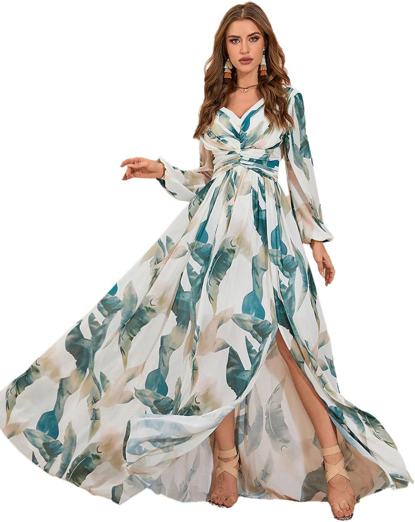 Summer Casual Dresses for Women 2024 Spring Fashion Boho V Neck Long Sleeve Ruffle Floral Print Elegant Maxi Dress