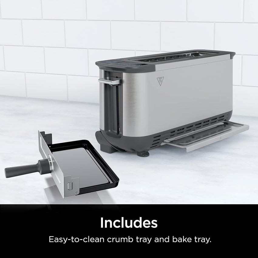 Ninja ST101 Foodi 2-in-1 Flip Toaster, 2-Slice Capacity, Compact Toaster Oven, Snack Maker, Reheat, Defrost, 1500 Watts, Stainless Steel, 6 Functions