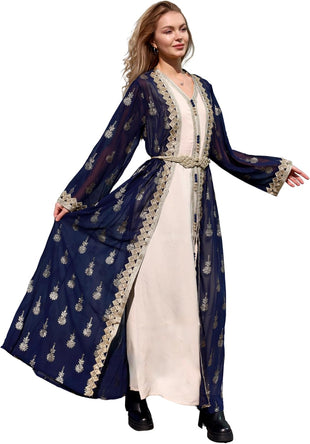 HUSN Embroidered Two-Piece Abaya Set Long Cardigan with Gold Embroidery with Plus Size Inner Slip Kaftan for Eid