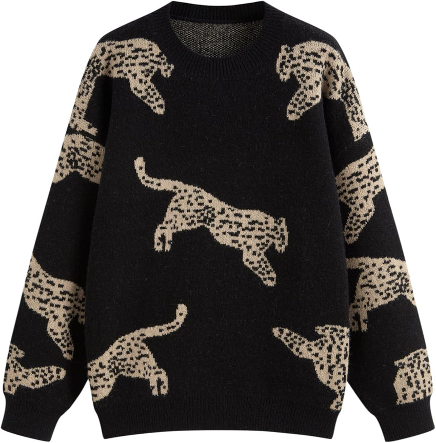 CIDER Womens Leopard Crew Neck Long Sleeve Boho Knit Sweater Casual Pullover Fall Sweater