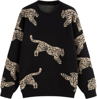 CIDER Womens Leopard Crew Neck Long Sleeve Boho Knit Sweater Casual Pullover Fall Sweater