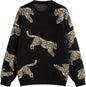 CIDER Womens Leopard Crew Neck Long Sleeve Boho Knit Sweater Casual Pullover Fall Sweater