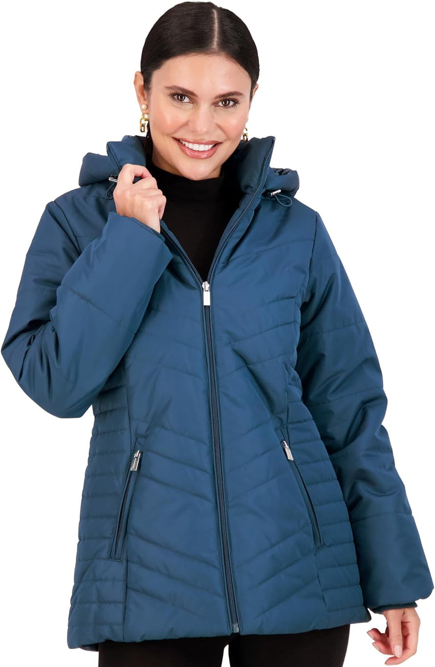 Jones NY Women's Puffer Jacket Zippered Removable Bungee Hood Womens Winter Coat