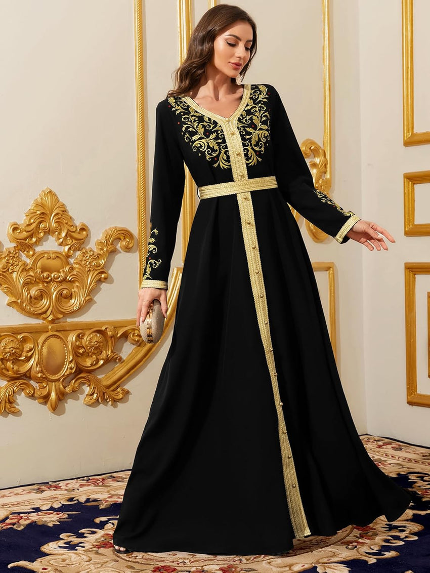 Elegant Muslim Dress with Gold Embroidered Evening Gown, Traditional Islamic Attire