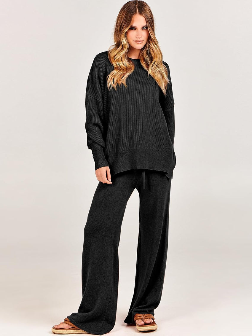 ANRABESS Womens 2 Piece Outfits Fall Lounge Set 2025 Oversized Chunky Knit Sweater Top Wide Leg Pants Loungewear Clothes
