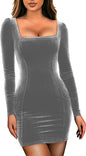 GOBLES Womens Sexy Velvet Long Sleeve Bodycon Elegant Mini Party Dress