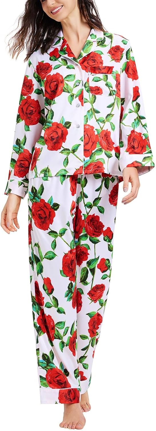 Lonxu Silk Satin Womens Pajama Sets Button Down Sleepwear Loungewear XS~3XL