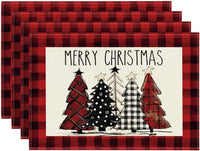 Artoid Mode Waterclor Buffalo Plaid Christmas Trees Placemats Set of 4, 12x18 Inch Winter Table Mats for Outdoor Home Party Kitchen Dining Decor