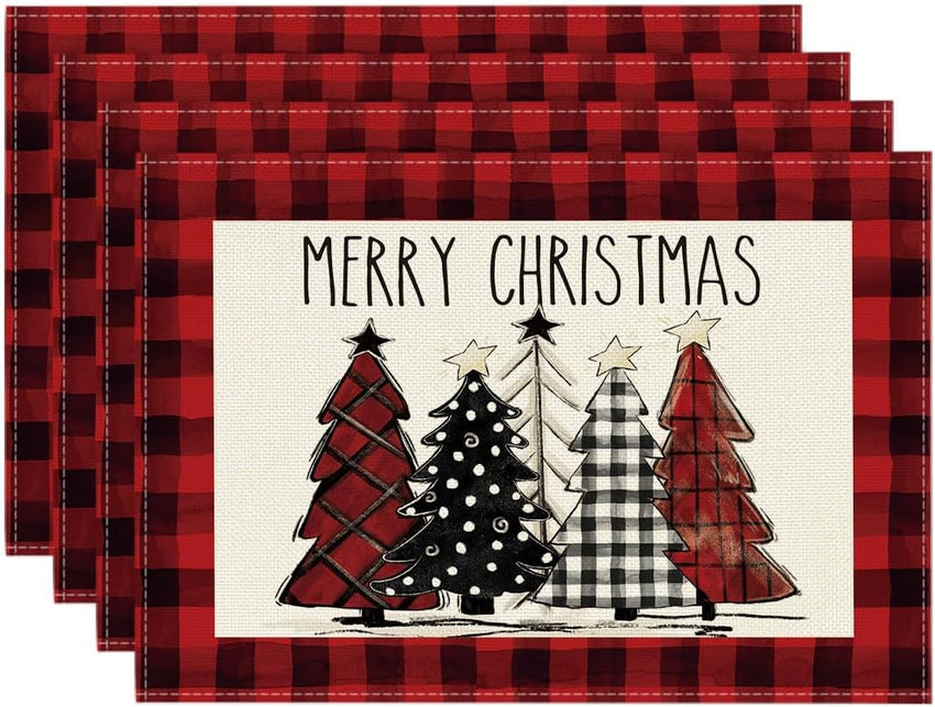 Artoid Mode Waterclor Buffalo Plaid Christmas Trees Placemats Set of 4, 12x18 Inch Winter Table Mats for Outdoor Home Party Kitchen Dining Decor