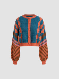 CIDER Cardigans for Women Trendy Crew Neck Striped Geometric Knit Cardigan Oversized Button Up Knitwear