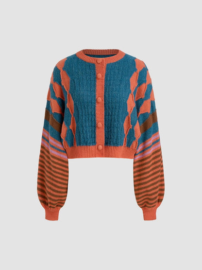 CIDER Cardigans for Women Trendy Crew Neck Striped Geometric Knit Cardigan Oversized Button Up Knitwear