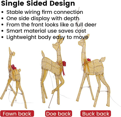 2D Lighted Reindeer Christmas Decorations Outdoor - Large 4FT Gold Deer Family Set with 115 LED Lights - Plug-in Waterproof Yard Decor with Separate Cords - Energy Saving Holiday Display 3 Pack
