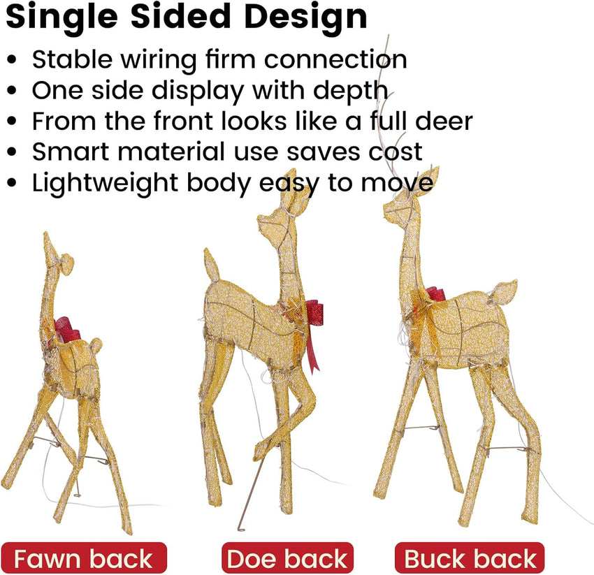 2D Lighted Reindeer Christmas Decorations Outdoor - Large 4FT Gold Deer Family Set with 115 LED Lights - Plug-in Waterproof Yard Decor with Separate Cords - Energy Saving Holiday Display 3 Pack