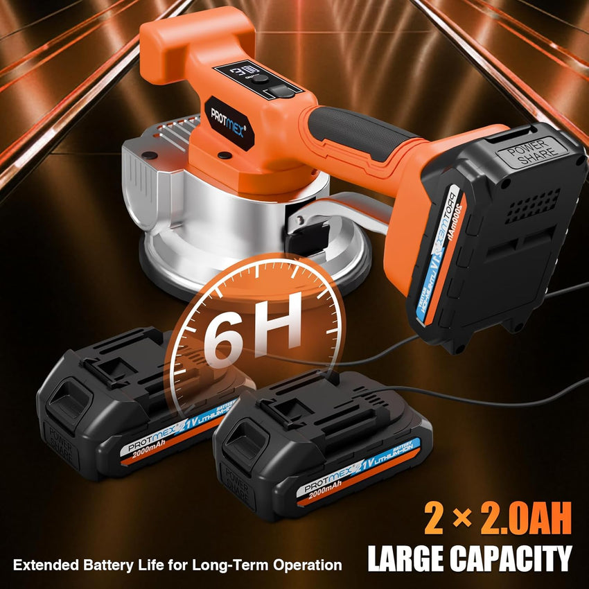 Tile Vibration Tool with 2 * 21V Batteries, Cordless Tile Vibration Max 25000r/Min, Tile Vibrator with 145mm Suction Cup 9 Adjustable Speed Digital Display for Floor Wall