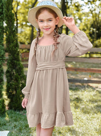 Batermoon Girls Long Sleeve Tie Back Dress Kids Fall Square Neck A-Line Mini Dresses 5-14 Years