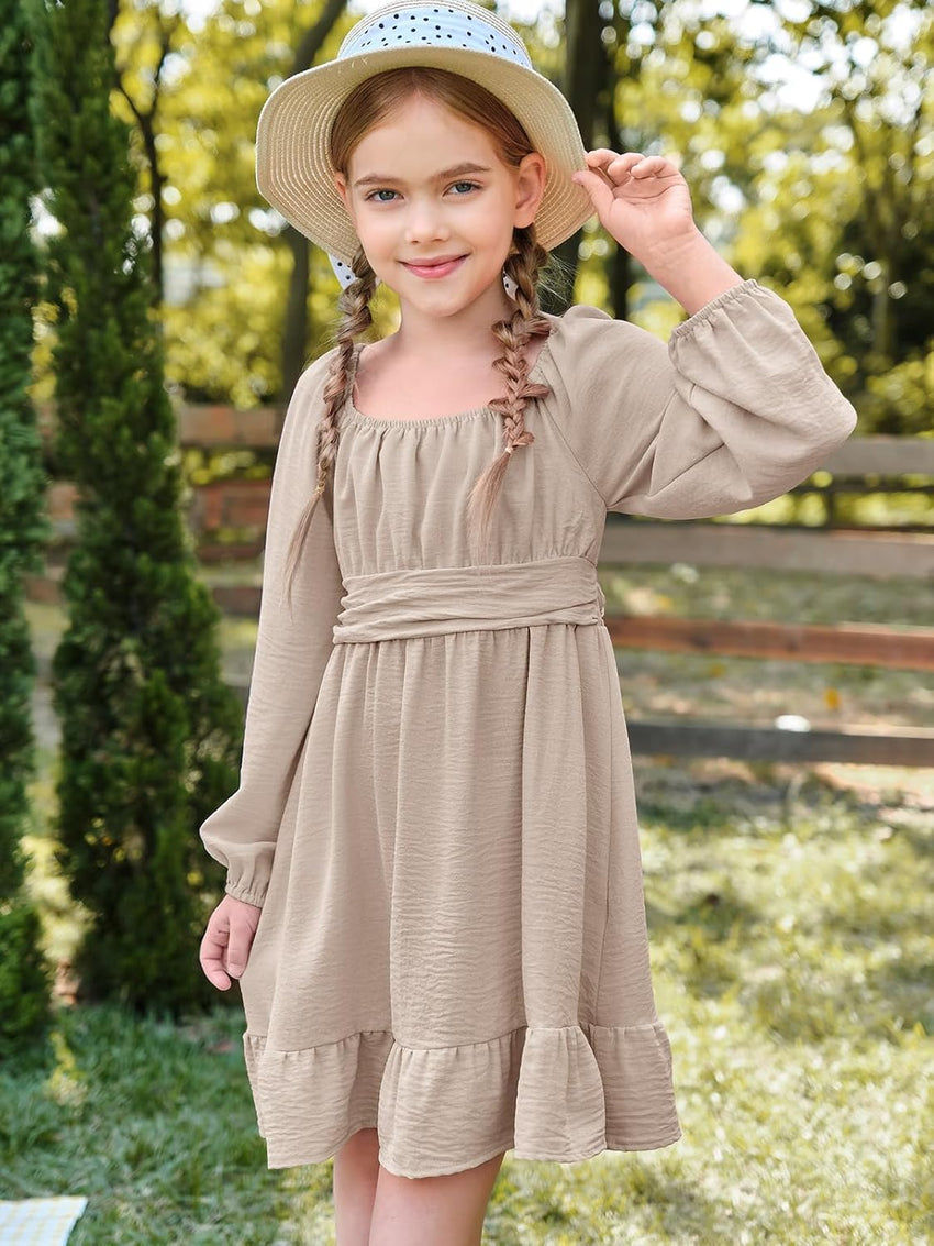 Batermoon Girls Long Sleeve Tie Back Dress Kids Fall Square Neck A-Line Mini Dresses 5-14 Years