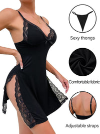 Sexy Split Side Floral Lace Trim Full Slip Night Gown Babydoll Lingerie Dress with Thong 2 piece