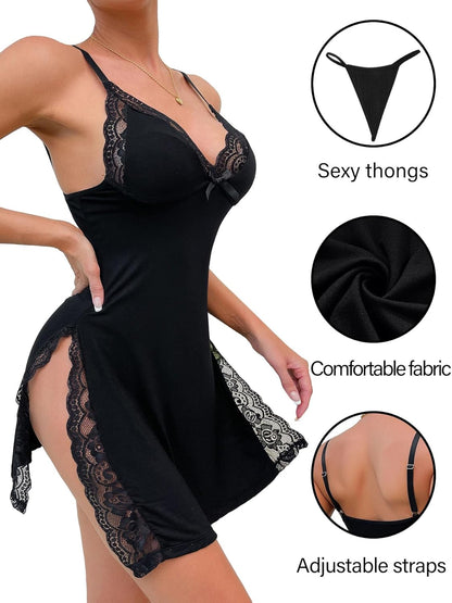 Sexy Split Side Floral Lace Trim Full Slip Night Gown Babydoll Lingerie Dress with Thong 2 piece