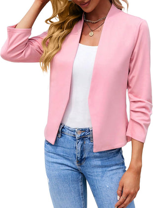 Mina Self 2025 Fall Women's 3/4 Ruched Sleeve Blazer - Cropped Open Front Collarless Casual Light Office Work Jacket Cardigan
