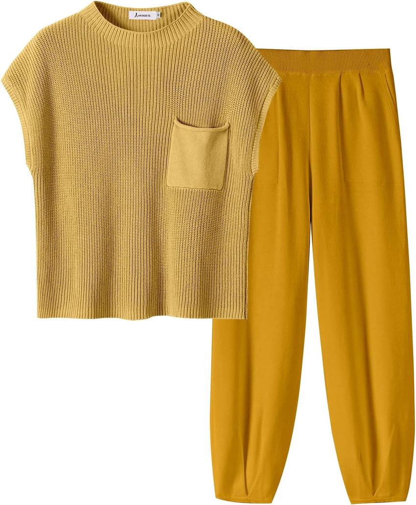 ANRABESS Women's Two Piece Outfits Knit Sweater Vest Crop Top Pants Lounge Matching Tracksuit Sweatsuit Travel Clothes Sets