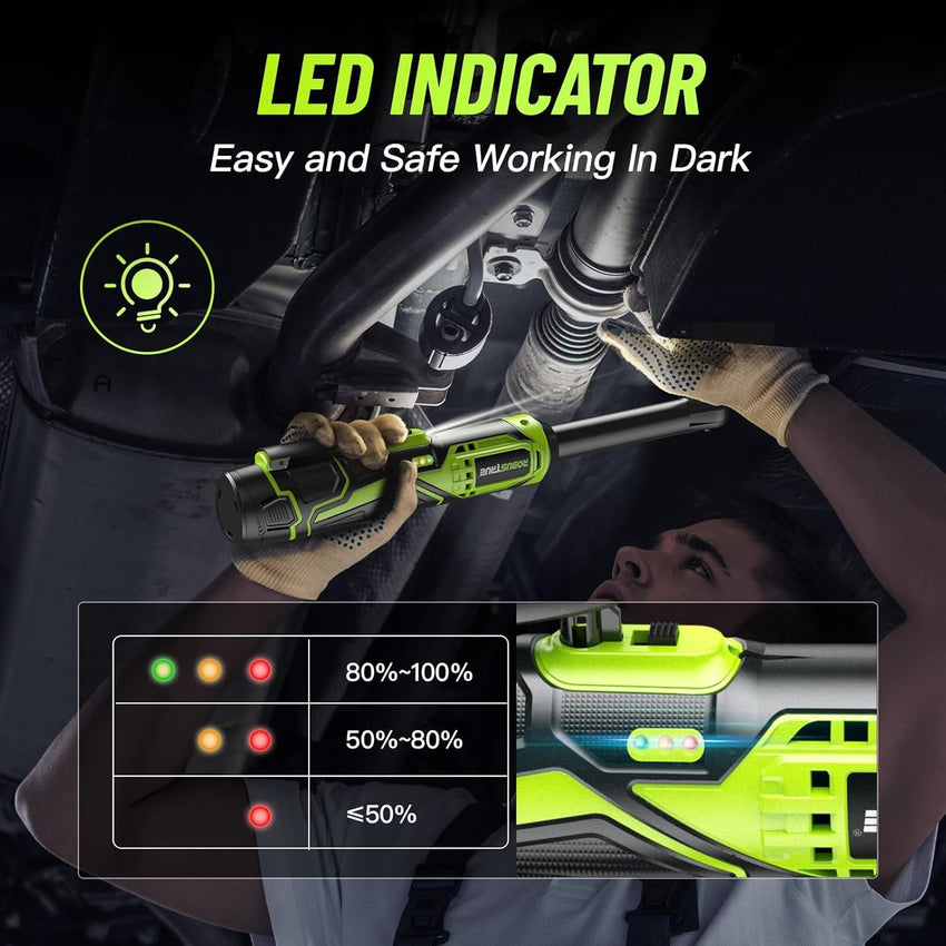3/8" Cordless Ratchet Wrench, 6-inch Extended Ratchet Wrench, 40Ft-lbs 400RPM Cordless Ratchet, 2 Batteries Power Electric Ratchet Driver with Variable Speed, 7 Sockets, LED Light