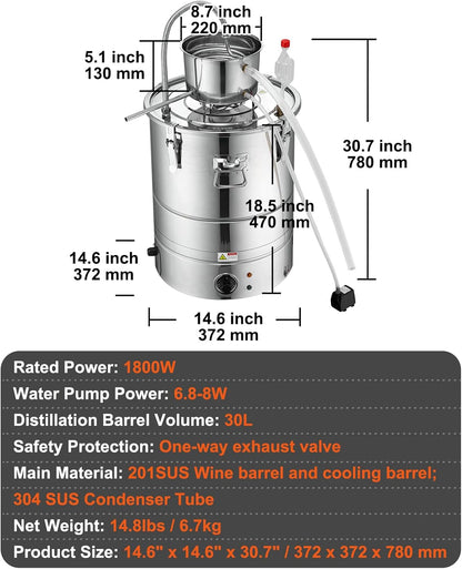 VEVOR Electric Alcohol Still 8Gal/30L, Alcohol Distiller, Distillery Kit for Alcohol include Pump & One-way Exhaust Valve & Thermometer