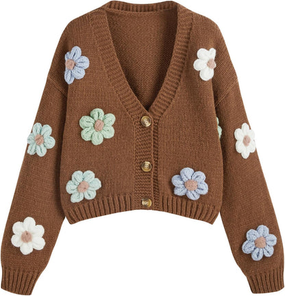 CIDER Women’s Floral Cropped Cardigan Cute Flower V Neck Button Down Trendy Sweater