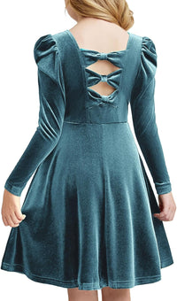 Arshiner Girls Long Sleeve Dress Velvet Crew Neck Bow Back Holiday Party Dresses with Pockets
