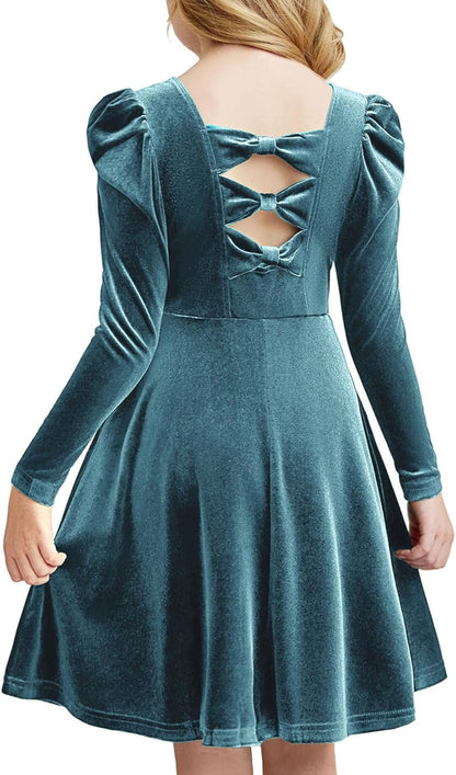 Arshiner Girls Long Sleeve Dress Velvet Crew Neck Bow Back Holiday Party Dresses with Pockets