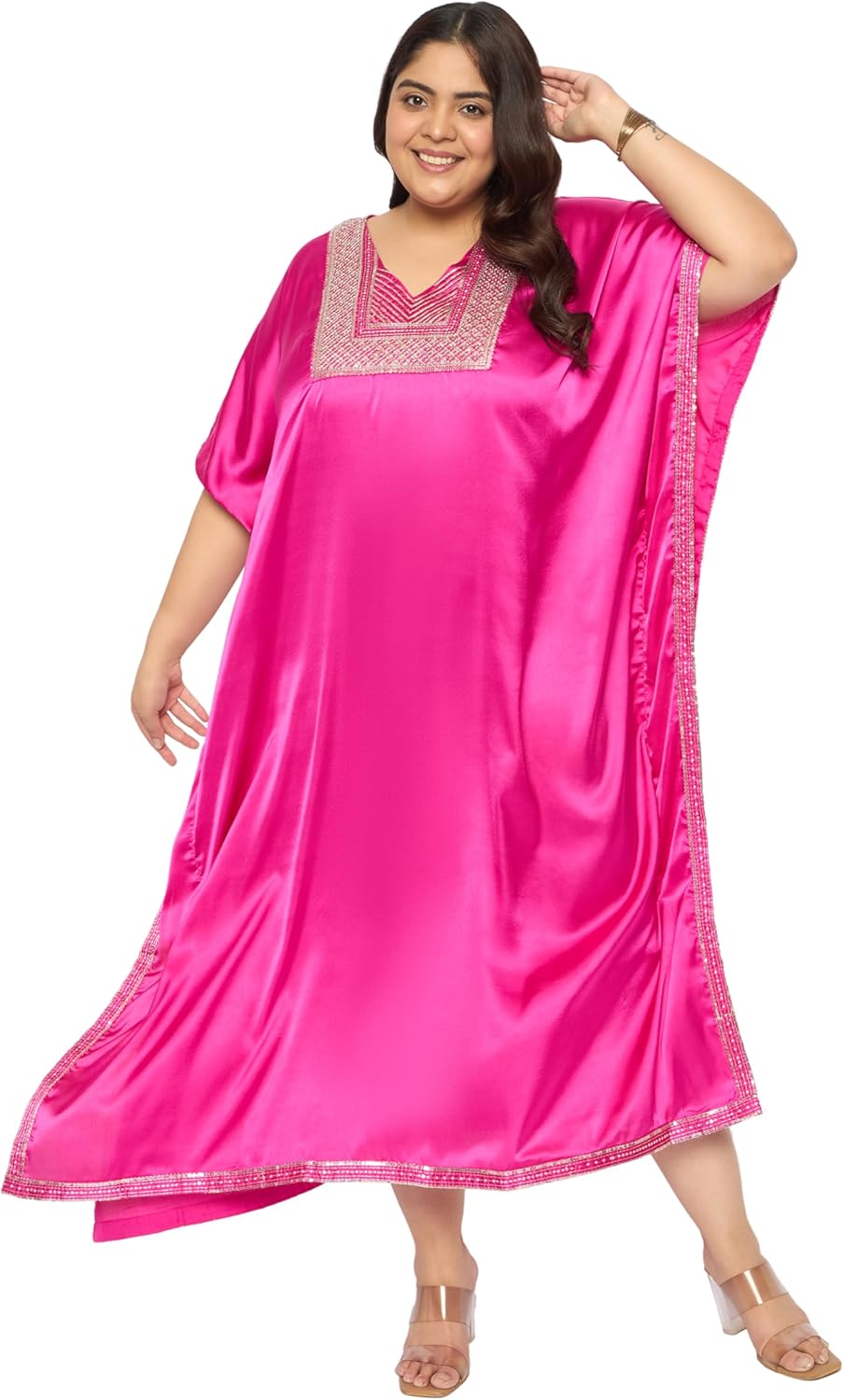 Gypsie Blu Women’s Plus Size Satin Sequin Kaftan Dress with Kimono Sleeves Casual Resort Wear Stylish Loose Fit Evening Dress