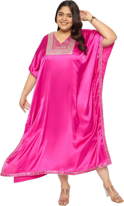 Gypsie Blu Women’s Plus Size Satin Sequin Kaftan Dress with Kimono Sleeves Casual Resort Wear Stylish Loose Fit Evening Dress