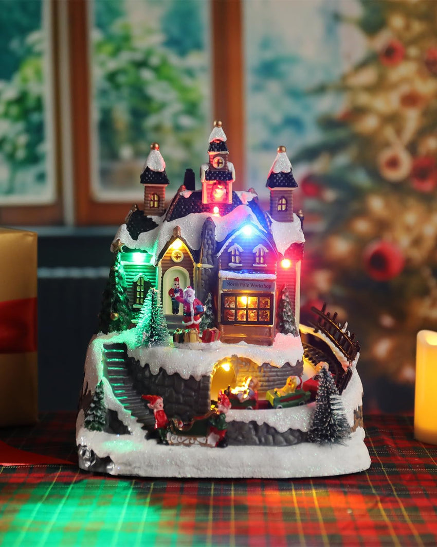 Bdor Christmas Village Lighted Decoration Musical Animated Display Christmas Collectible Santa Battery Operated Resin Indoor Decor