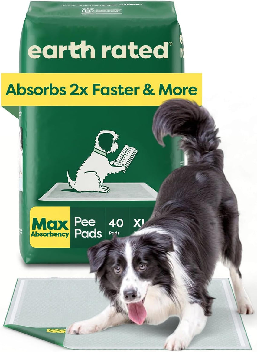 Earth Rated Max Absorbency Puppy Pee Pads for Dogs Absorbs 2X Faster & 2X More, Leak-Proof, Odor Control Potty Training, Unscented, Large, 22” x 23”, 40 Count