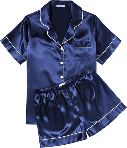 Ekouaer Womens Silk Satin Pajama Sets Soft Short Sleeve Button Down Sleepwear Top and Shorts 2 Piece Pjs Lounge Set