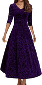 Women's Velvet Midi Dresses Floral Print Long Sleeve V Neck Formal Wedding Guest Fall Winter Dress