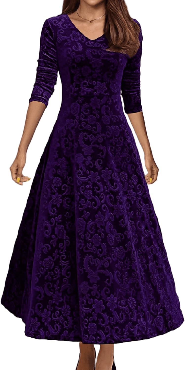 Women's Velvet Midi Dresses Floral Print Long Sleeve V Neck Formal Wedding Guest Fall Winter Dress