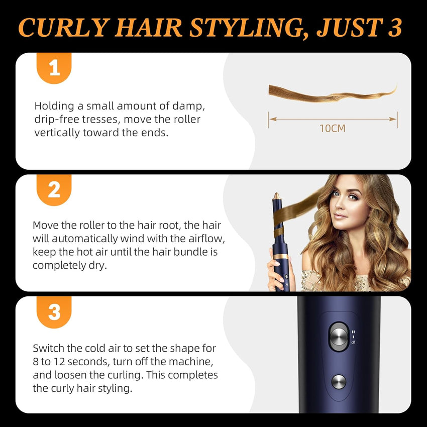 6-in-1 Hair Dryer Brush & Curling Iron Set, Hot Air Styler Hair Curler for Fast Drying, Smoothing & Volumizing, No Heat Damage, Professional Blowout Tool with Travel Case - Prussian Blue